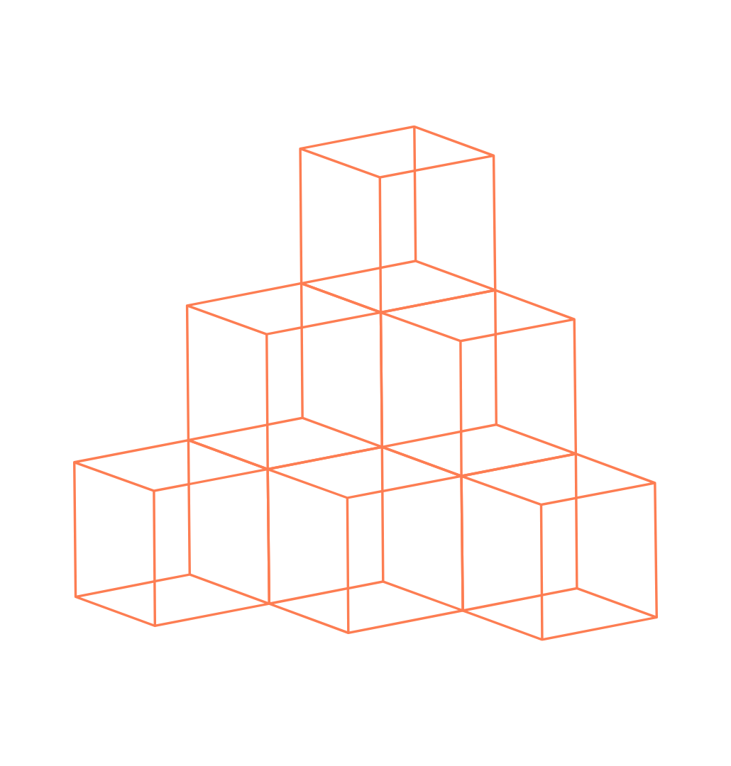 A series of transparent, wireframe cubes stacked in a pyramid arrangement, set against a plain background. The cubes have orange outlines and vary in height.